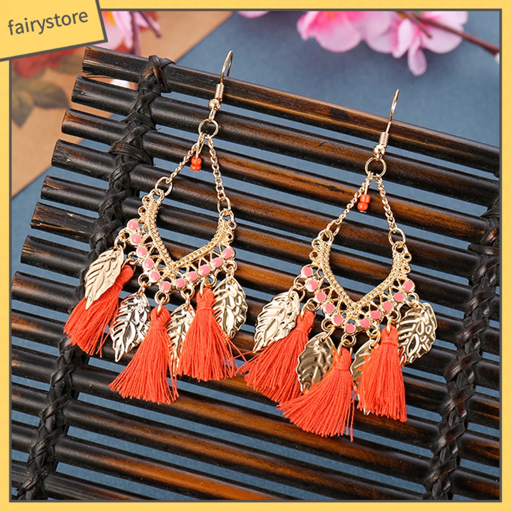 1 Đôi Bông Tai Móc Hình Chiếc Lá Tua Rua Dáng Dài Phong Cách Vintage