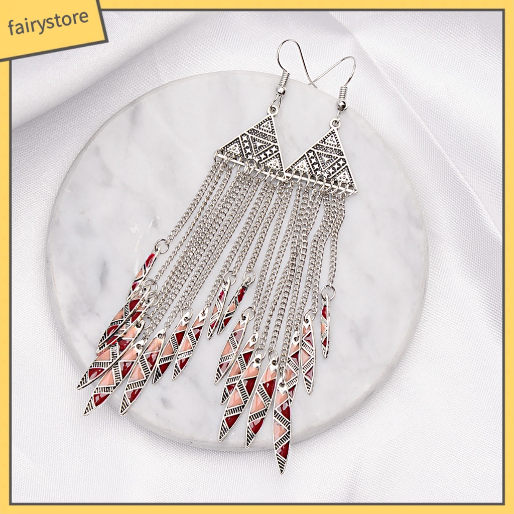 1 Đôi Bông Tai Dáng Dài Mặt Tam Giác Phối Tua Rua Phong Cách Vintage