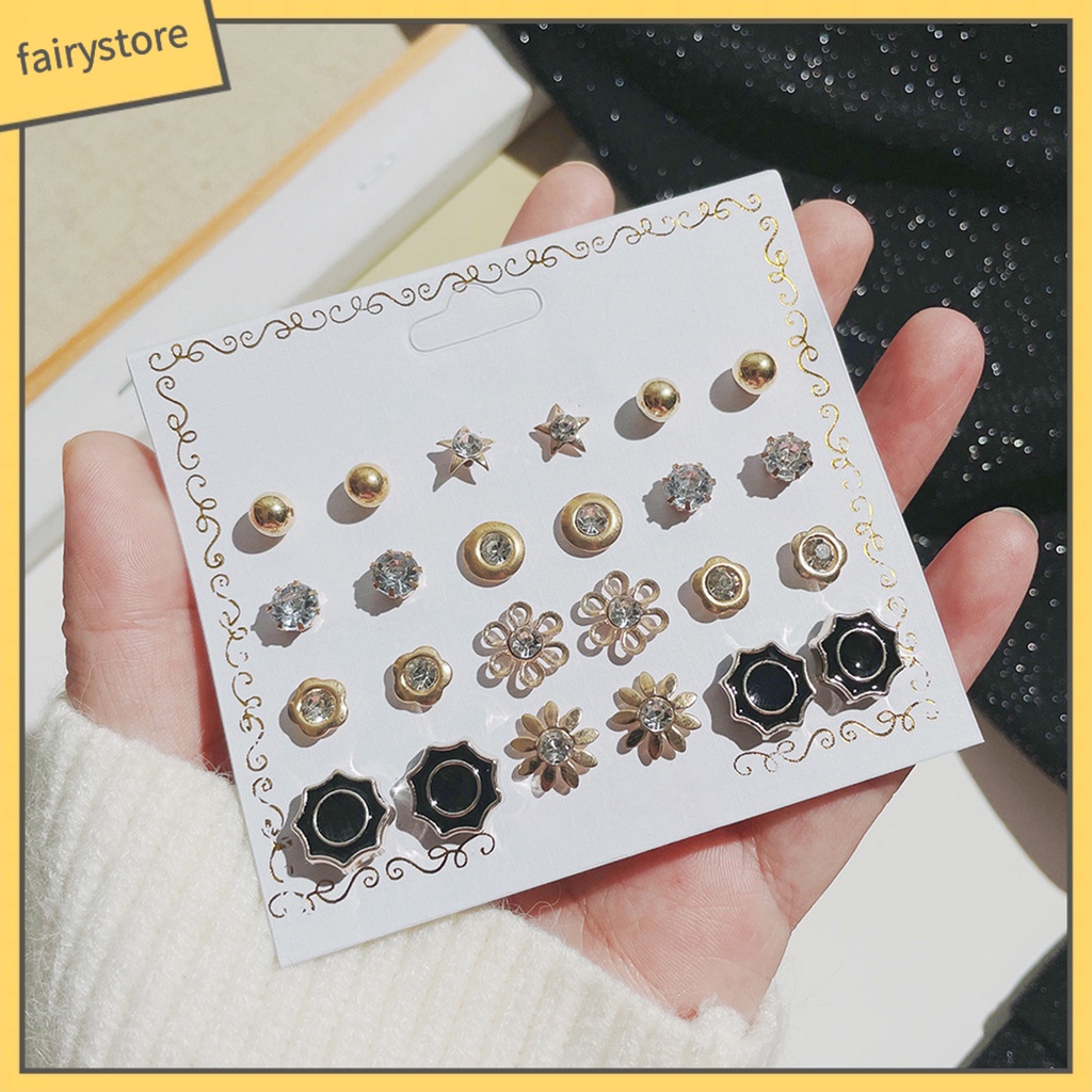 Set 12 Đôi Bông Tai Xỏ Hạt Ngọc Trai Giả Phong Cách Hàn Quốc