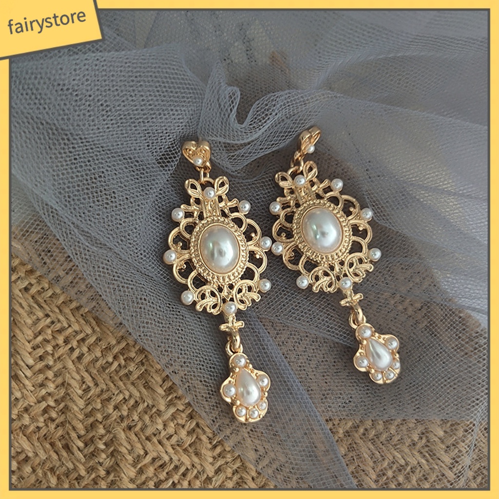 [FRO] 1 Đôi Bông Tai Thiết Kế Hình Học Đính Ngọc Trai Giả Phong Cách Hoàng Gia Retro Thời Trang Tòa Án Baroque