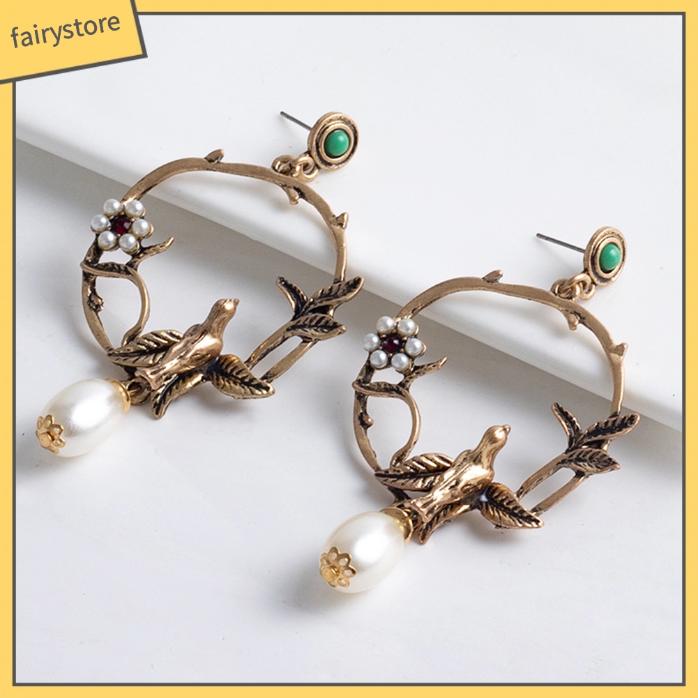 Bông Tai Hình Hoa / Chim Đính Ngọc Trai Giả Phong Cách Retro Dành Cho Nữ