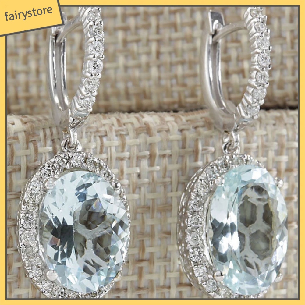 Bông Tai Dáng Dài Hình Oval Đính Đá Aquamarine Nhân Tạo Thời Trang Cho Nữ