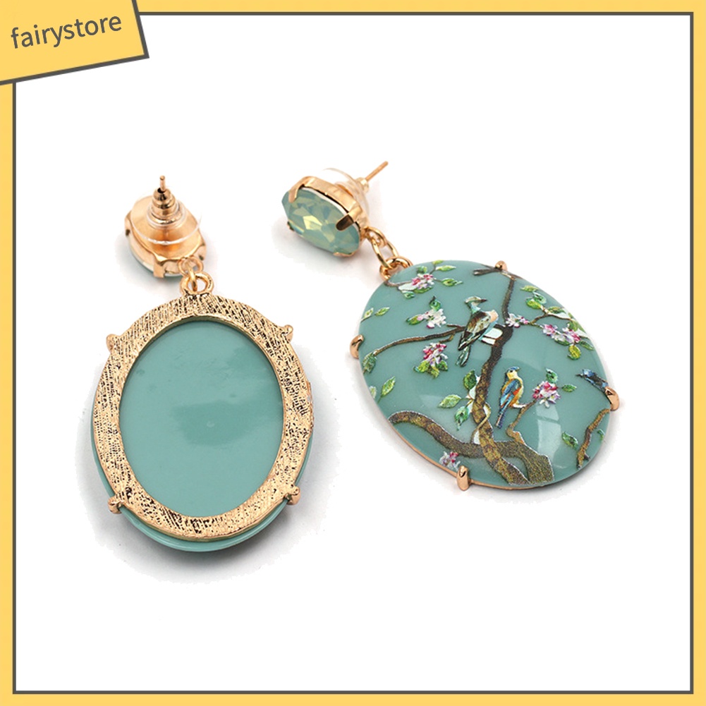 Bông Tai Hình Oval Họa Tiết Hoa Và Chim Phong Cách Vintage Dành Cho Nữ