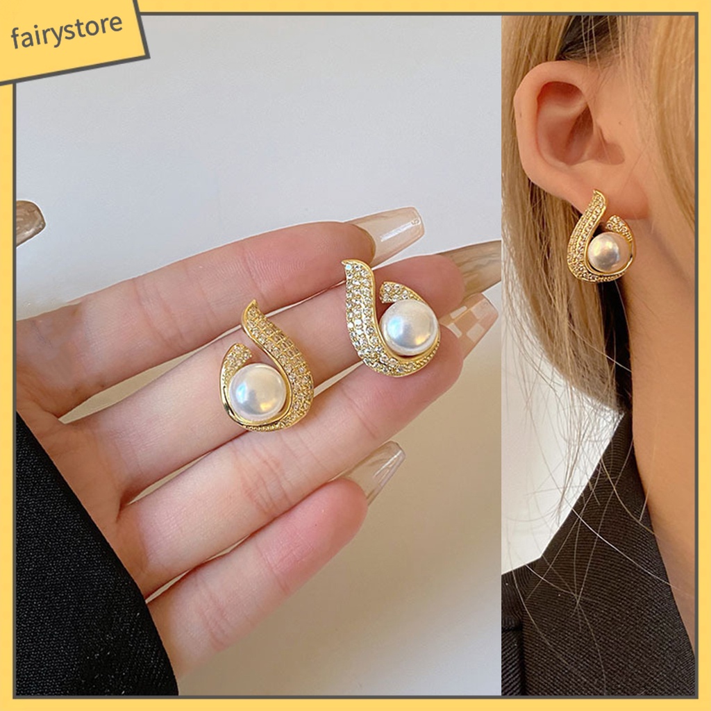 [FRO] 1 Cặp Bông Tai Hình Giọt Nước Đính Ngọc Trai Giả Mạ Điện Trang Trí Bắt Mắt Sang Trọng Không Dễ Rỉ Sét