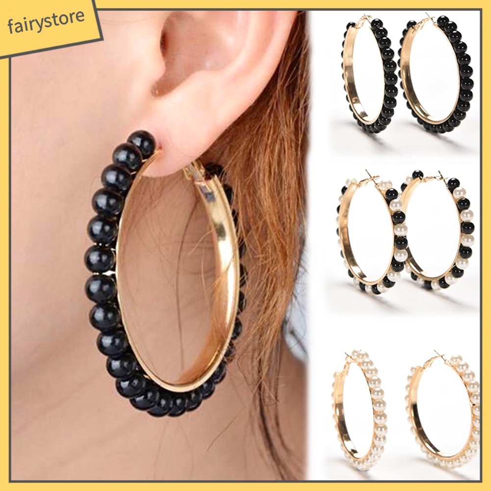 Khuyên Tai Tròn Lớn Đính Ngọc Trai Giả Thời Trang Cho Nữ