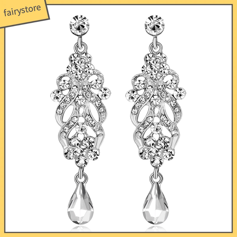 Bông Tai Dáng Dài Hình Hoa Đính Đá Lấp Lánh Cho Cô Dâu