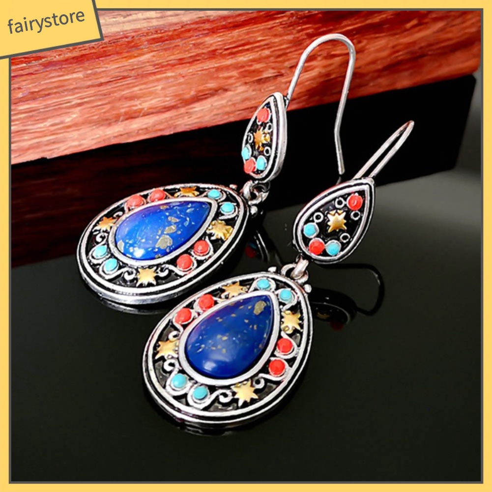 Bông Tai Hình Giọt Nước Đính Đá Ngọc Lam Giả Phong Cách Vintage Dành Cho Nữ