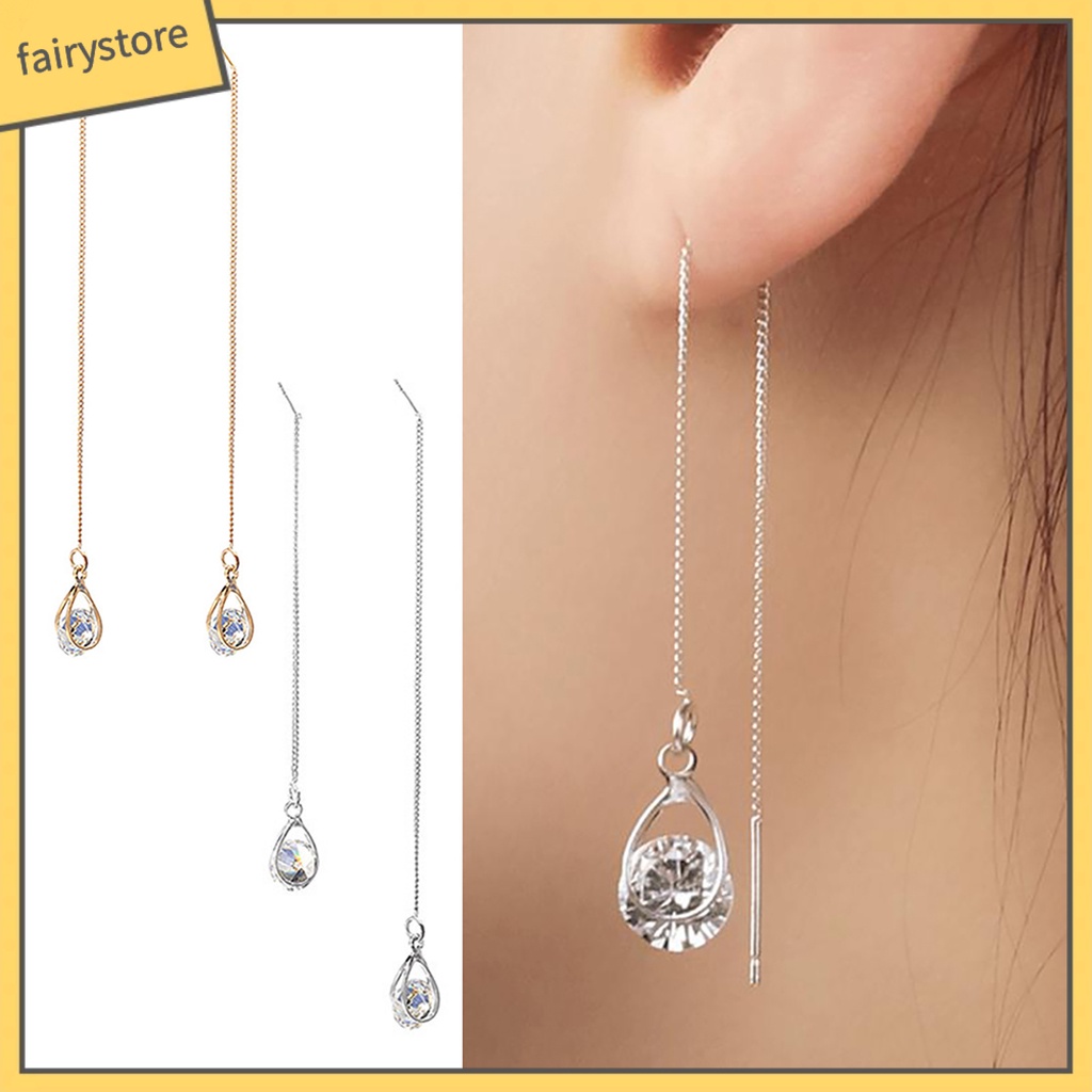 1 Đôi Bông Tai Dài Hình Giọt Nước Đính Kim Cương Giả