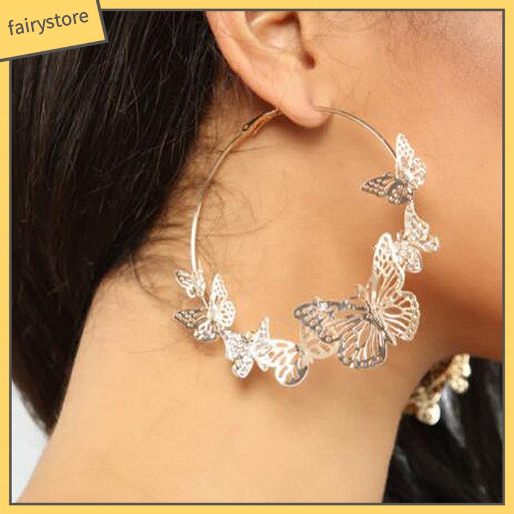 1 Đôi Bông Tai Tròn Đính Đá Hình Bướm 3D Sáng Bóng Phong Cách Vintage Dành Cho Nữ