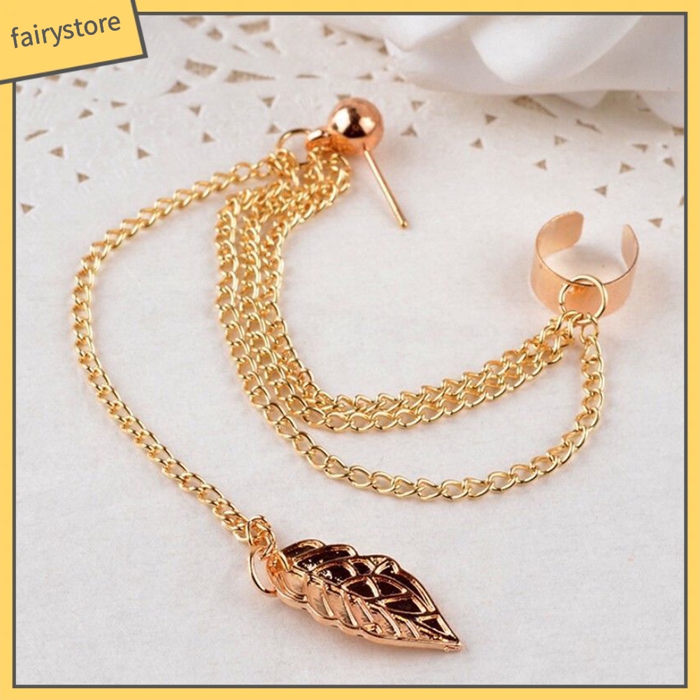 Bông Tai Kiểu Kẹp Hình Lá Phối Dây Xích Phong Cách Punk Rock Thời Trang Cho Nữ