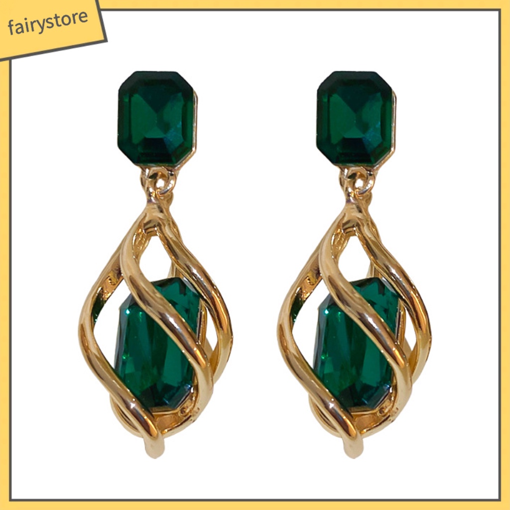 1 Đôi Bông Tai Hình Vuông Đính Đá Ngọc Lục Bảo Nhân Tạo Phong Cách Vintage Thời Trang