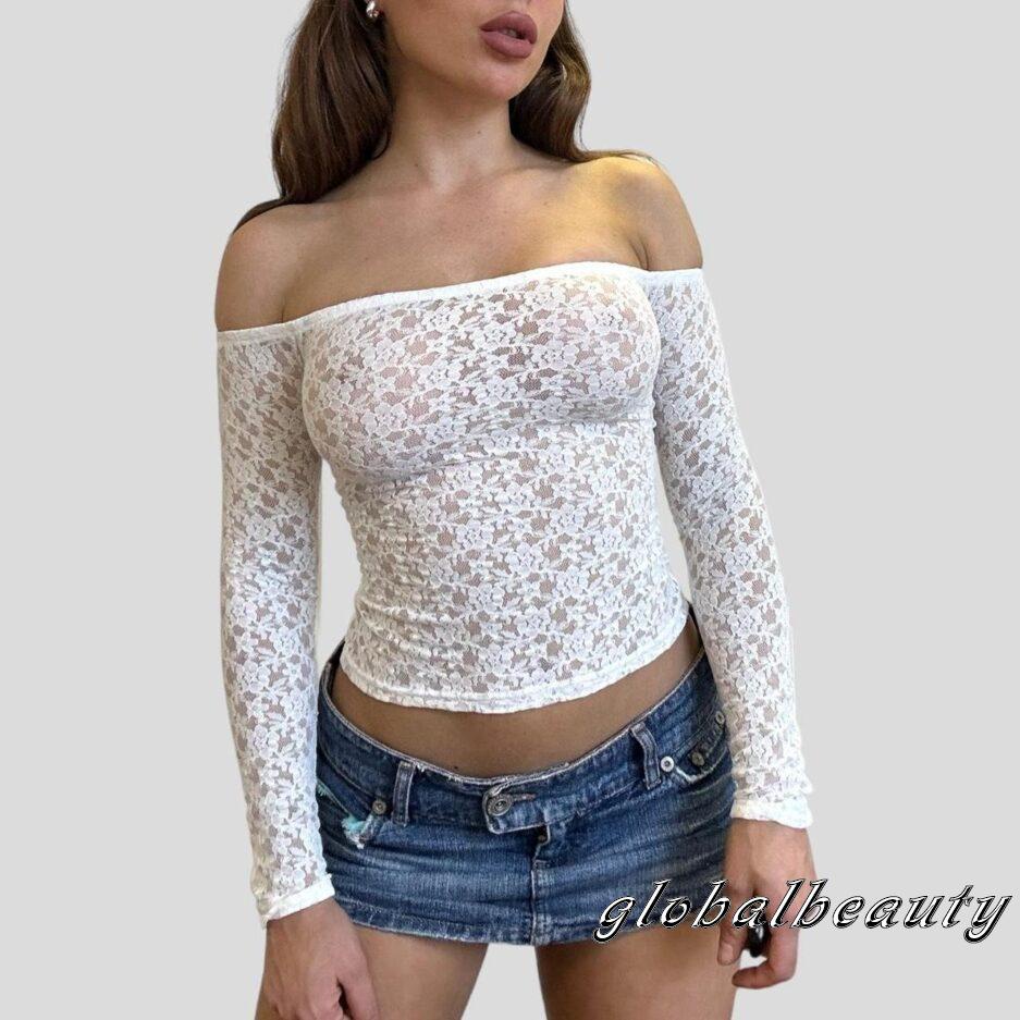 Áo Kiểu Trễ Vai Tay Dài Phối Ren Xuyên Thấu Thời Trang Mùa Thu Cho Nữ