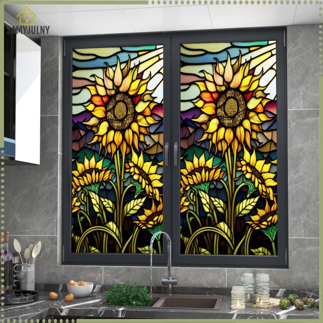 Phim Dán Cửa Sổ Kính Cách Nhiệt Chống Tia Uv Hình Hoa Hướng Dương Nhiều Màu Có Thể Tháo Gỡ
