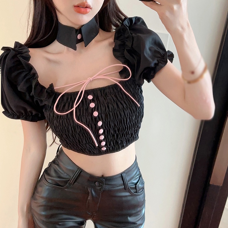 Áo Croptop Trễ Vai Tay Phồng Dáng Ôm Thời Trang Hàn Quốc Quyến Rũ Cho Nữ