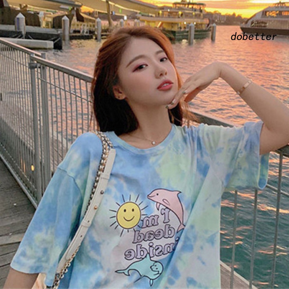 Áo Thun Nữ Ngắn Tay Cổ Tròn Form Rộng Nhuộm Màu Thời Trang