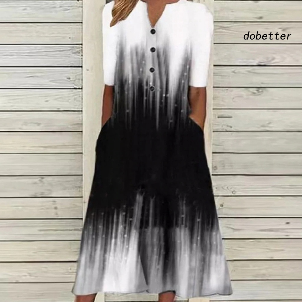 Đầm Dài Cổ Chữ V Kẻ Sọc Phối Nút Trang Trí Có Túi Thời Trang Cho Nữ