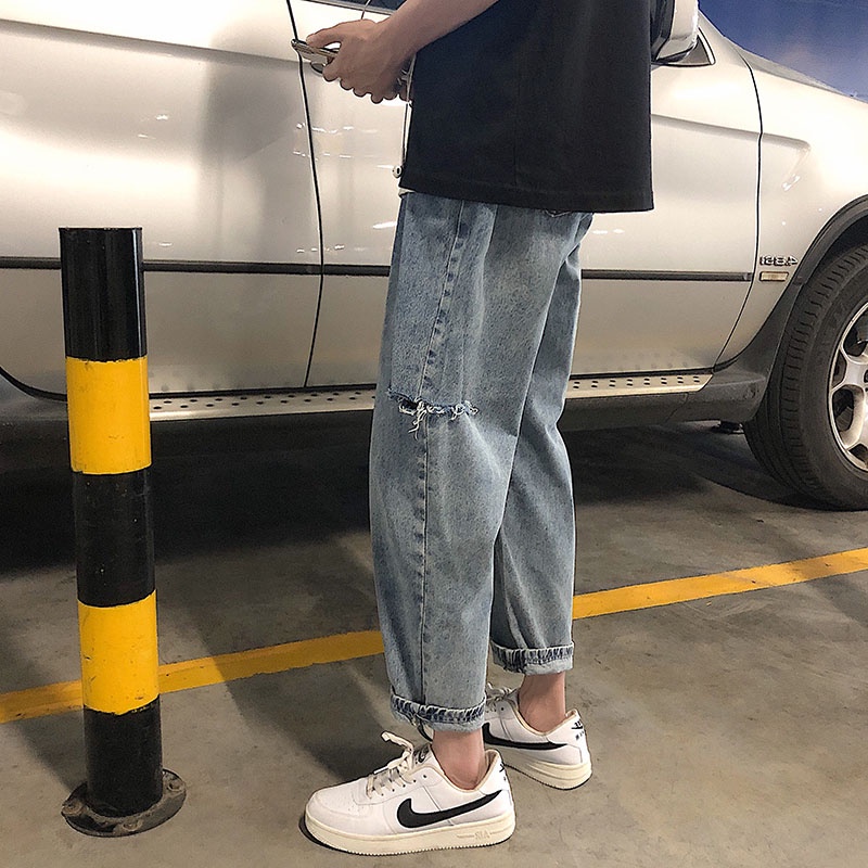 Quần Jean Dài Dáng Rộng Rách Gối Phong Cách Đường Phố Thời Trang Xuân Hè Cho Nam