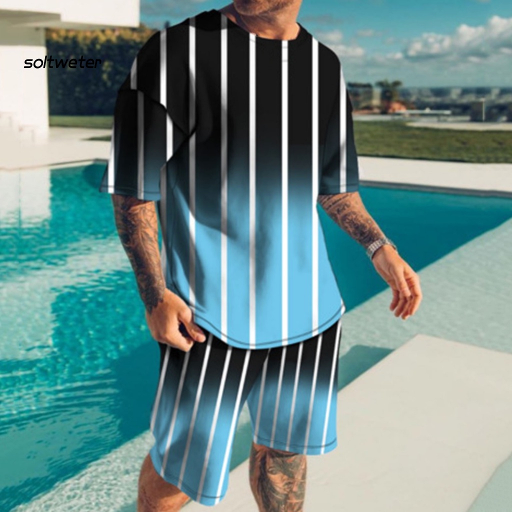 Set Đồ Mùa Hè 2 Món Gồm Áo Thun Tay Cộc Cổ Tròn Có Túi In Họa Tiết Kẻ Sọc 3D + Quần Shorts Cho Nam