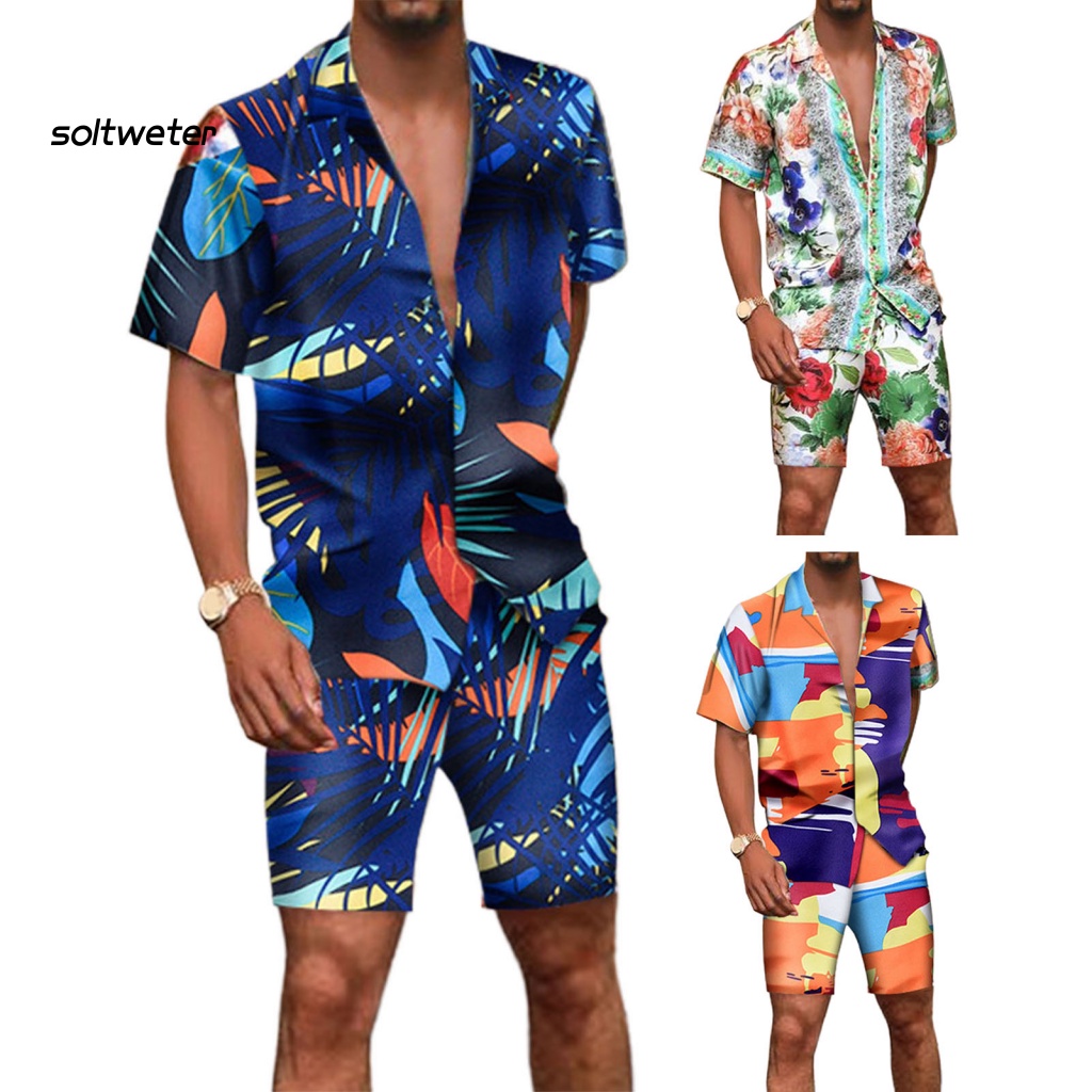Bộ Trang Phục 2 Mảnh Gồm Áo Sơ Mi Cổ Bẻ In Họa Tiết Nhiều Màu + Quần Short Phong Cách Hawaii Cho Nam