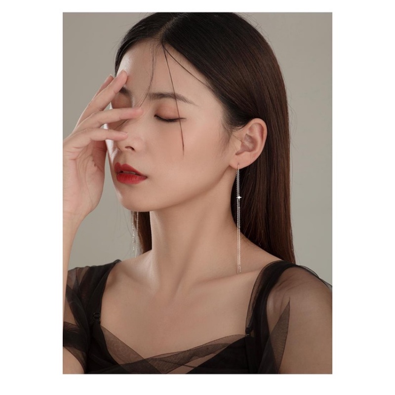 Hoa Tai Dáng Dài Mạ Bạc Phối Tua Rua Thời Trang Cao Cấp