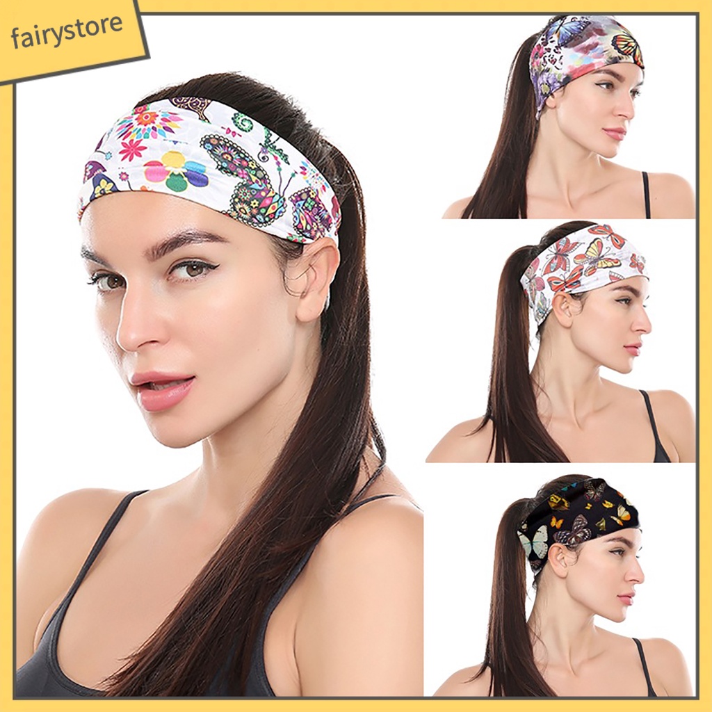 Băng Đô Cài Tóc Bản Rộng Co Giãn In Họa Tiết Bướm Phong Cách Thể Thao Thời Trang Cho Nữ