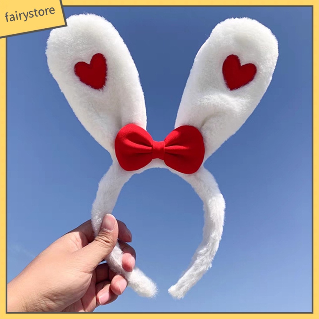 Băng Đô Cài Tóc Tai Thỏ Bằng Vải Bông Mềm Mại Co Giãn Đính Nơ In Họa Tiết Trái Tim Màu Tương Phản
