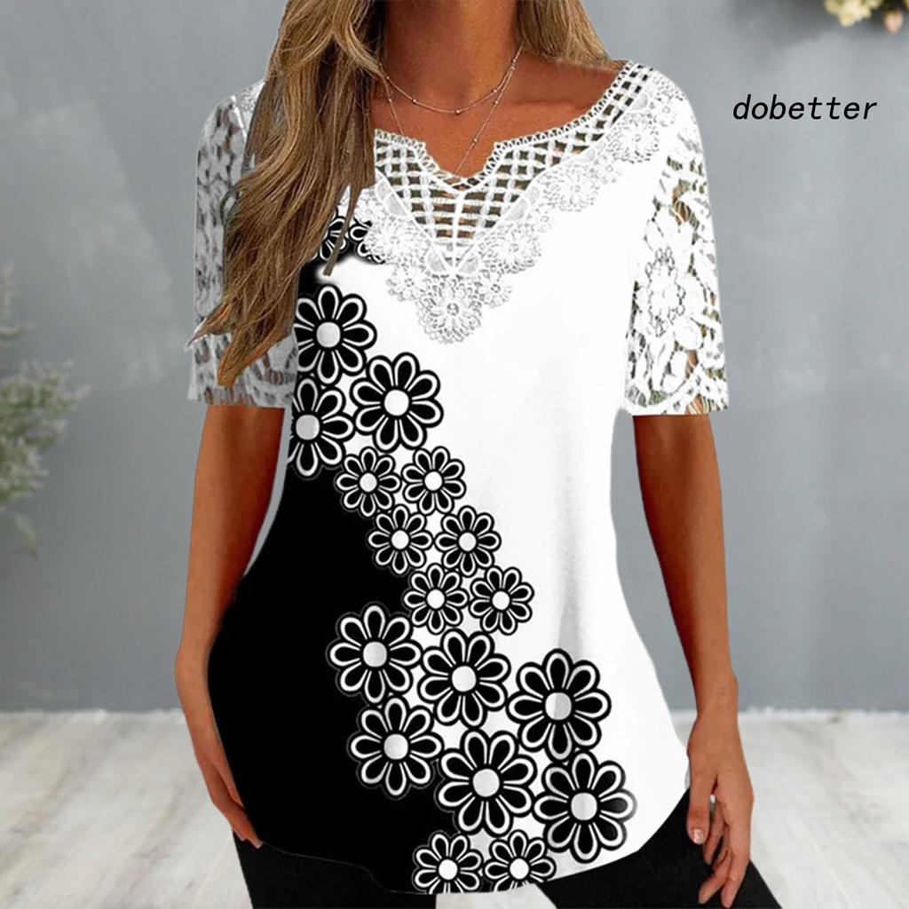 Áo Thun Tay Ngắn Cổ Chữ V Phối Ren Hoa Mỏng Dáng Rộng Co Giãn Thời Trang Đường Phố Cho Nữ