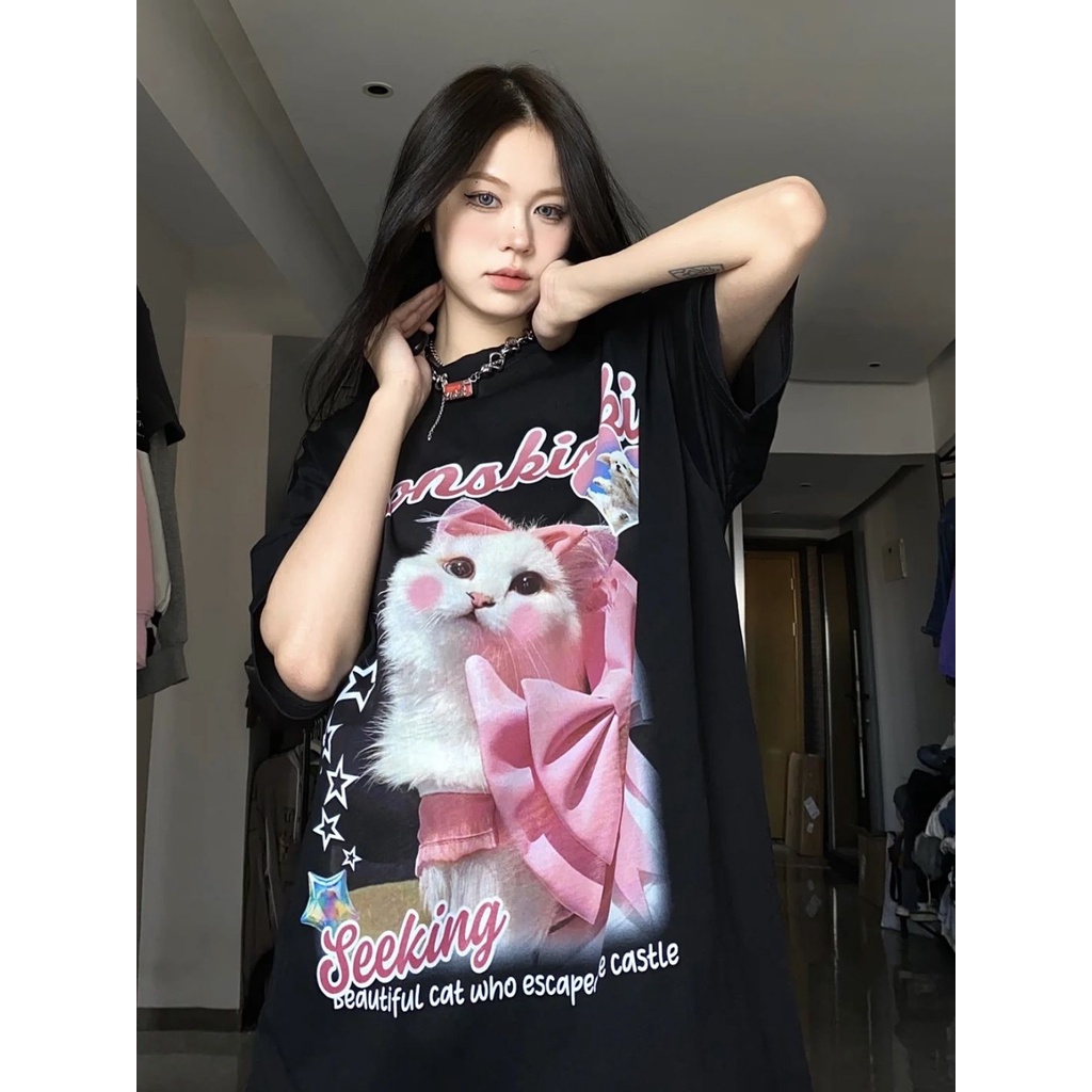 Áo Thun Tay Ngắn Dáng Rộng In Hình Mèo Dễ Thương Thời Trang Mùa Hè Cho Nữ