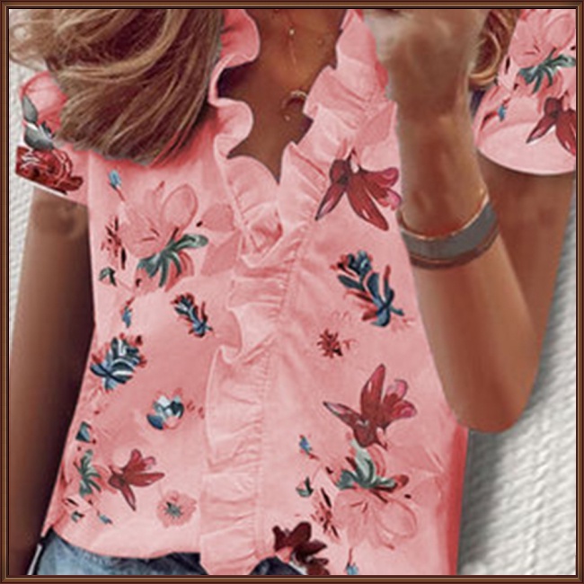 Áo Kiểu Tay Ngắn Cổ Chữ V In Họa Tiết Hoa Thanh Lịch Dành Cho Nữ