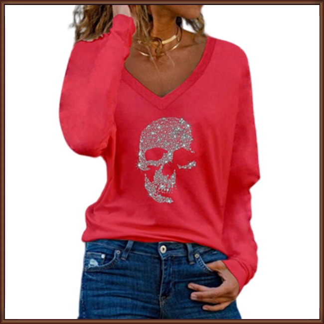 Áo Thun Nữ Tay Dài Cổ Chữ V In Hình Đầu Lâu Thời Trang