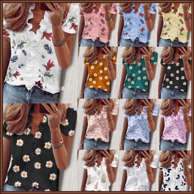 Áo Kiểu Tay Ngắn Cổ Chữ V In Họa Tiết Hoa Thanh Lịch Dành Cho Nữ