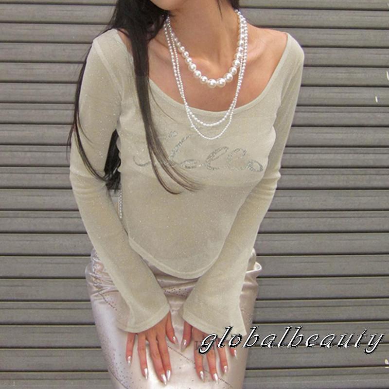 Áo Thun Croptop Dài Tay Đính Kim Sa Ôm Dáng Thời Trang Xuân Hè Cho Nữ