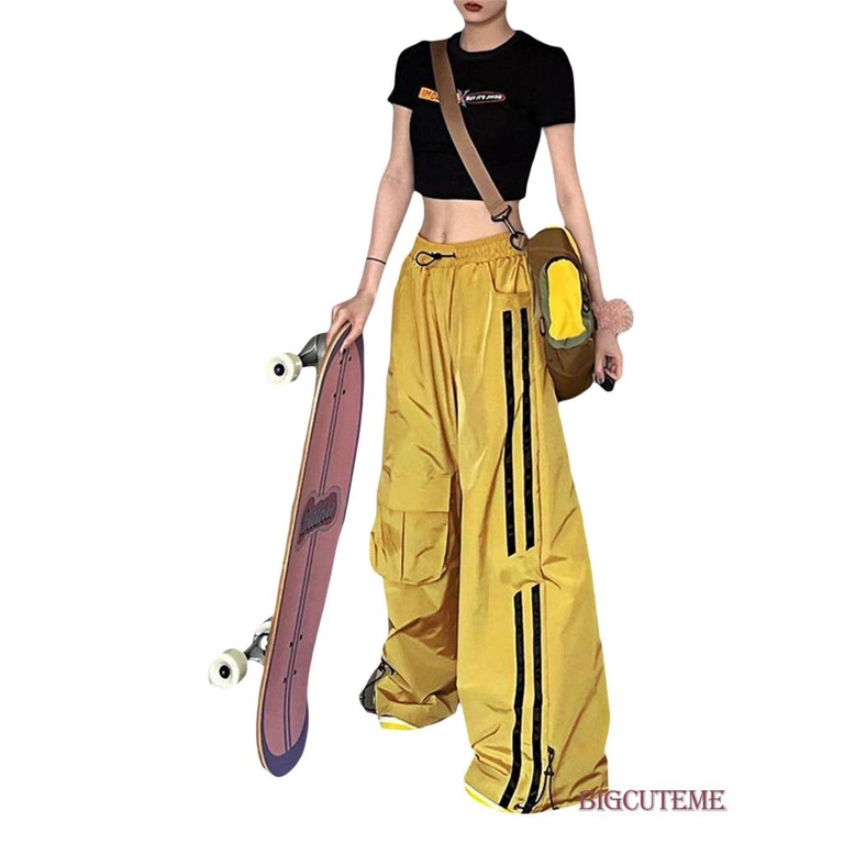 [] Quần Baggy Cạp Cao Có Túi In Họa Tiết Sọc Và Dây Rút Cho Nữ