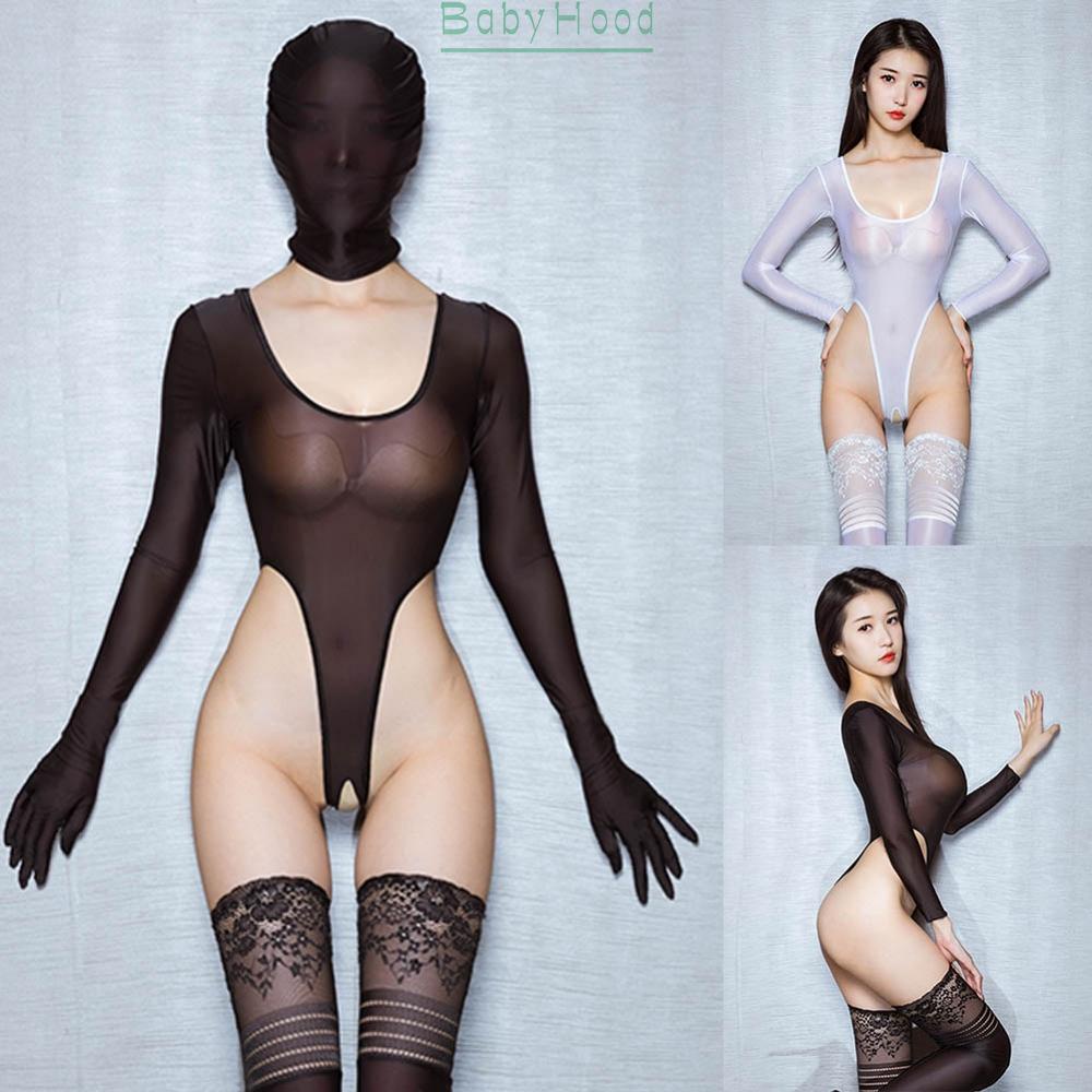 Women's Black/White Sheer Long Sleeve Bodysuit Jumpsuit Crotchless Nightwear Glossy#BBHOOD