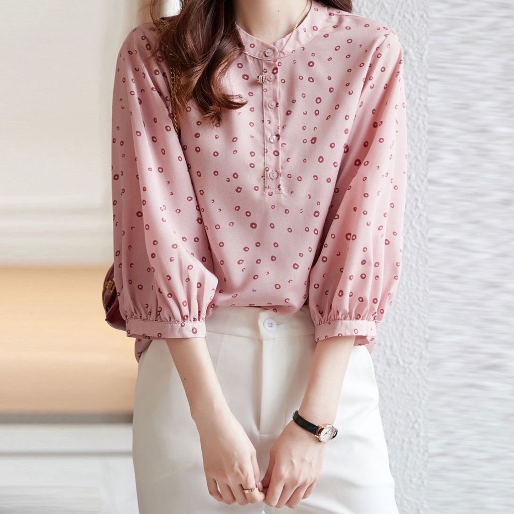 Áo Sơ Mi Chiffon Tay Ngắn Họa Tiết Chấm Bi Thời Trang Mùa Hè Cho Nữ