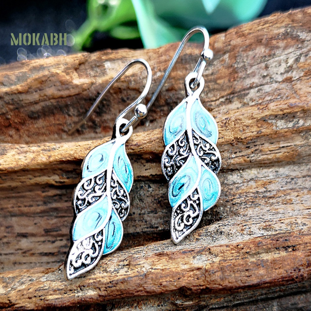 [Mok Abh] Bông Tai Hình Con Công Có Gắn Lông Vũ Theo Phong Cách Vintage