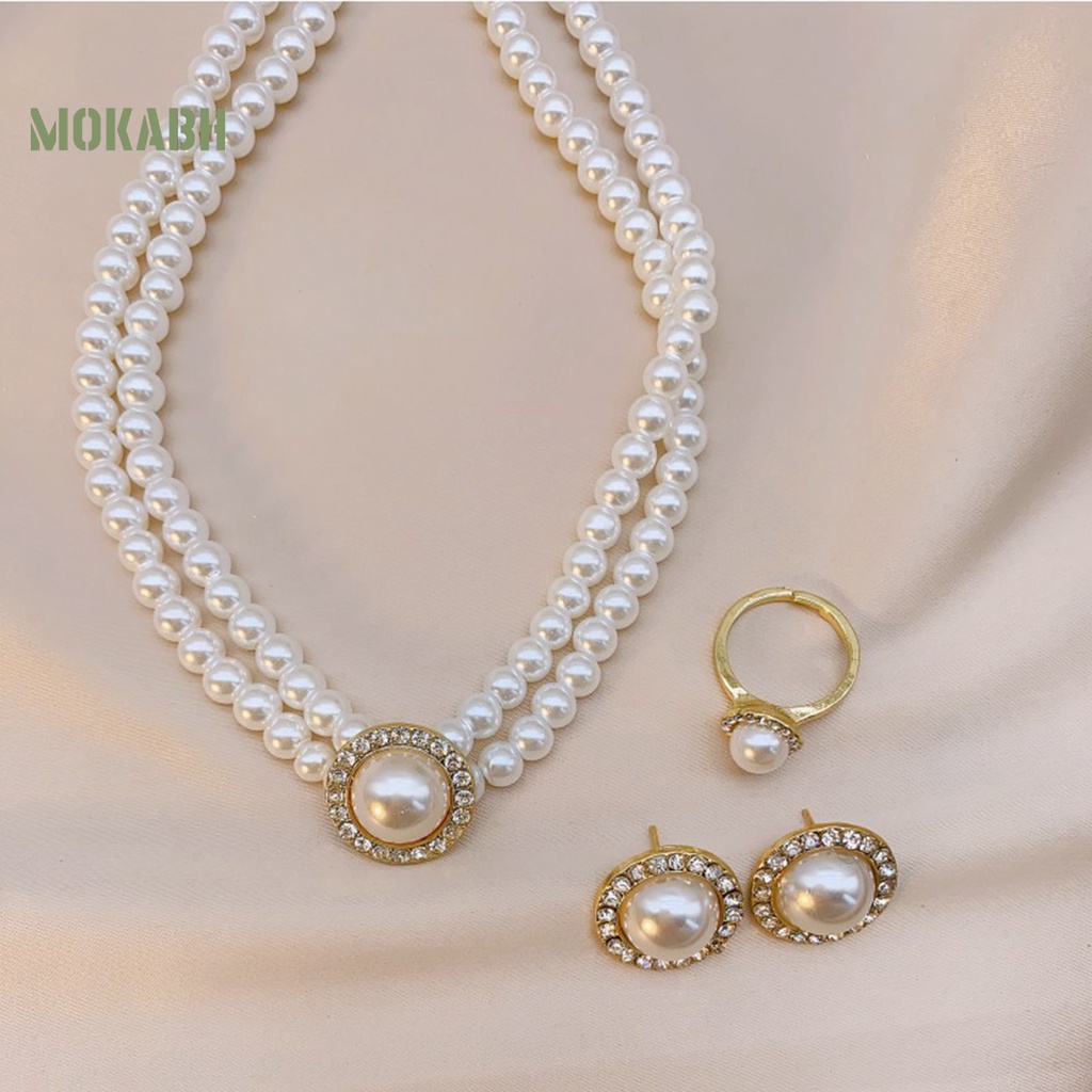 1 Bộ Vòng cổ + Nhẫn + Bông Tai Đính Ngọc Trai Nhân Tạo Phong Cách Pháp Cổ Điển Sang Trọng Không Gây Dị Ứng