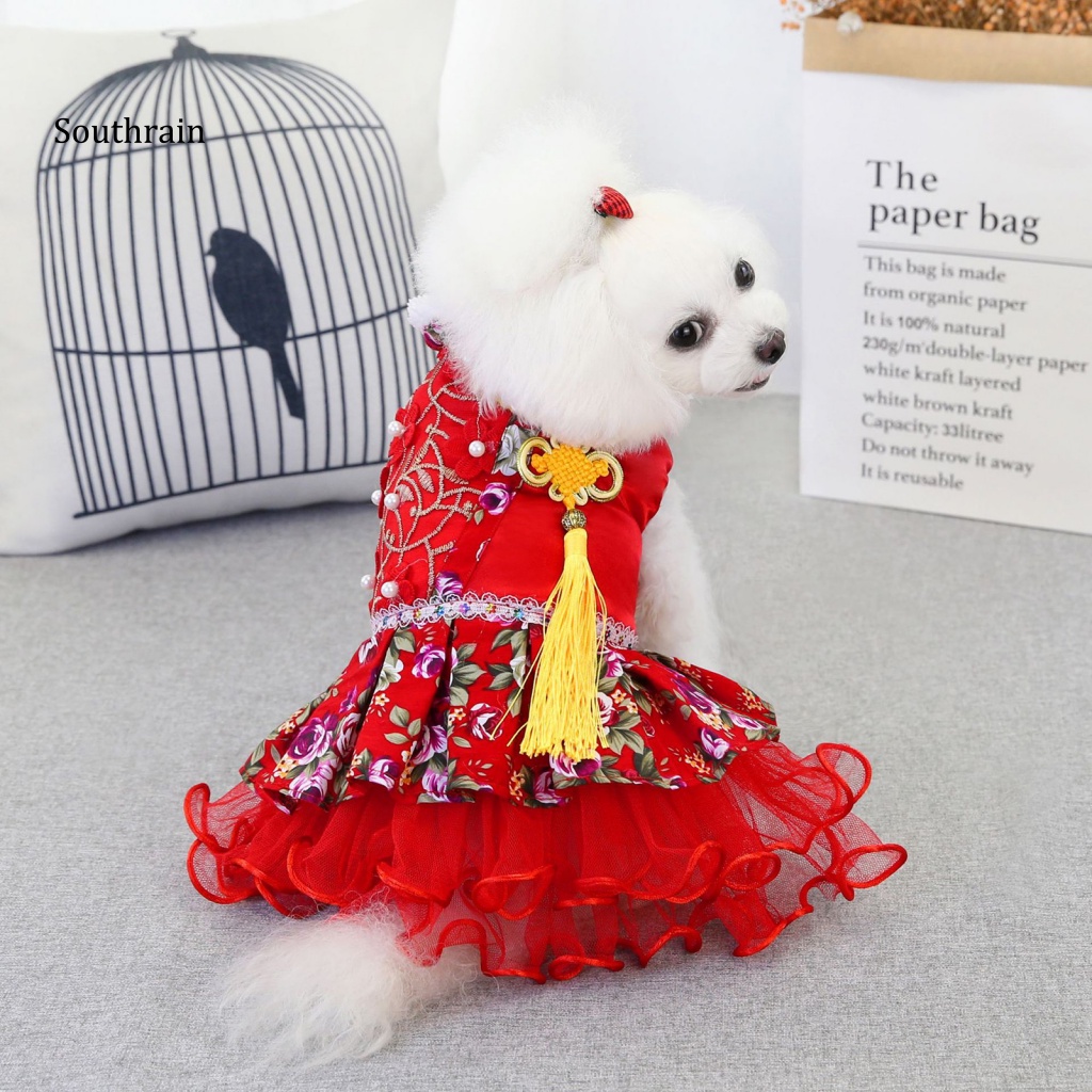 Đầm Hóa Trang Vải Tuyn Mềm Phối Tua Rua In Hoa Dễ Thương Cho Thú Cưng