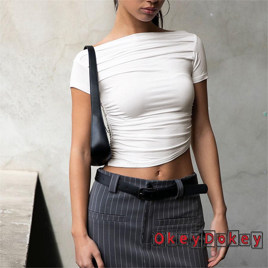 Áo Croptop Trễ Vai Tay Ngắn Dáng Ôm Thời Trang Cho Nữ