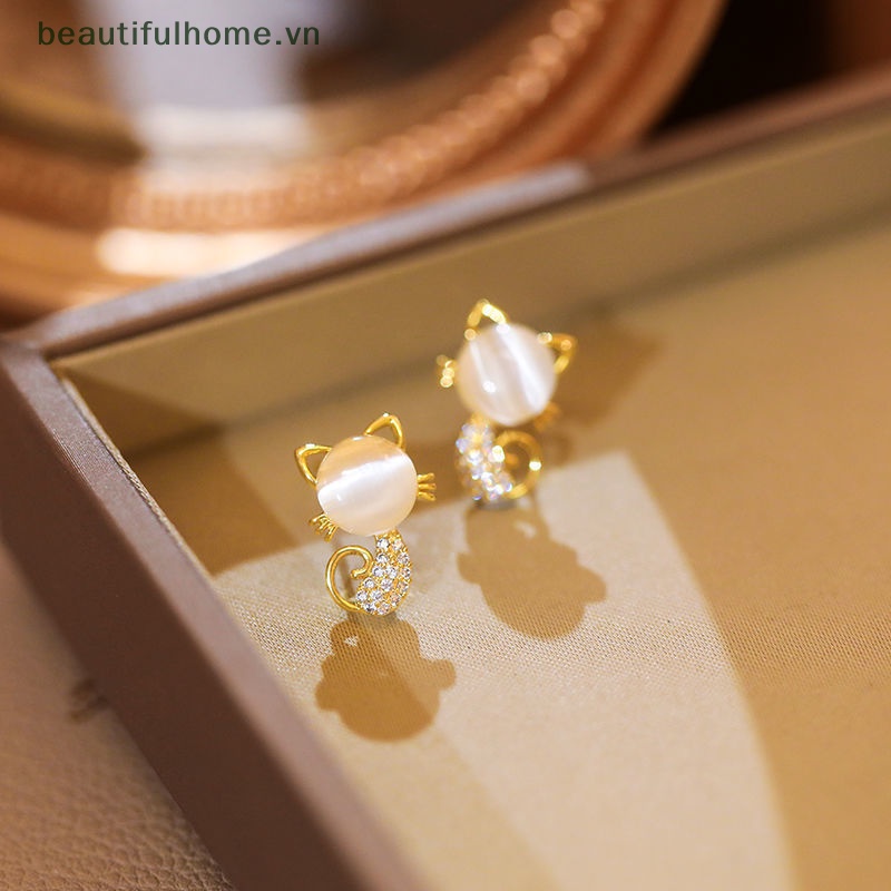 [beautifulhome] Khuyên Tai Hình Mèo Đính Đá Opal Giả Lấp Lánh Phong Cách Hàn Quốc Thời Trang Cho Nữ [beauty]
