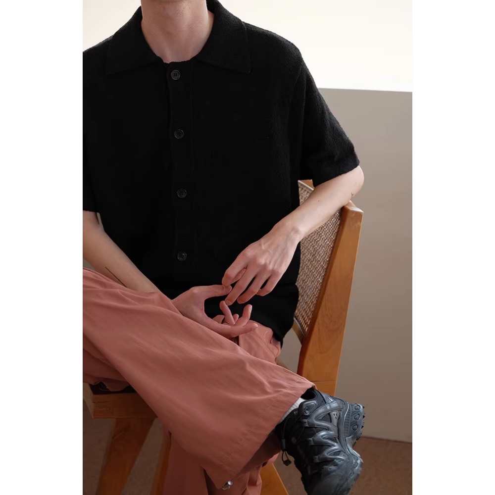 Áo Thun Polo Dệt Kim Mỏng Tay Ngắn Dáng Rộng Màu Sắc Đơn Giản Phong Cách Đường Phố Nhật Bản Cho Nam Và Nữ