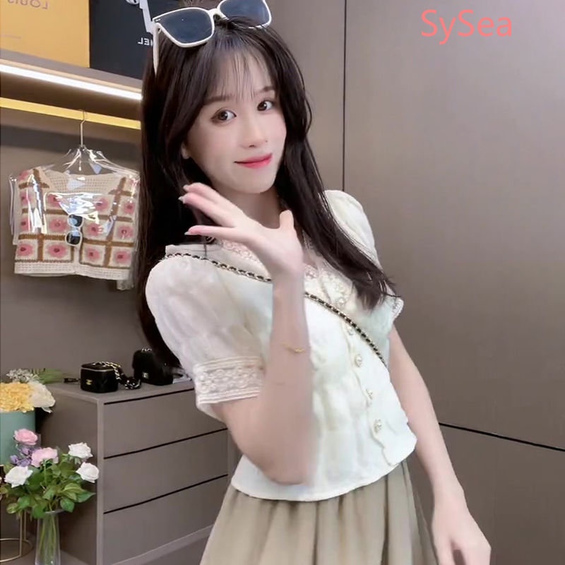 Áo Kiểu Tay Phồng Cổ Chữ V Phối Ren Phong Cách Retro Pháp