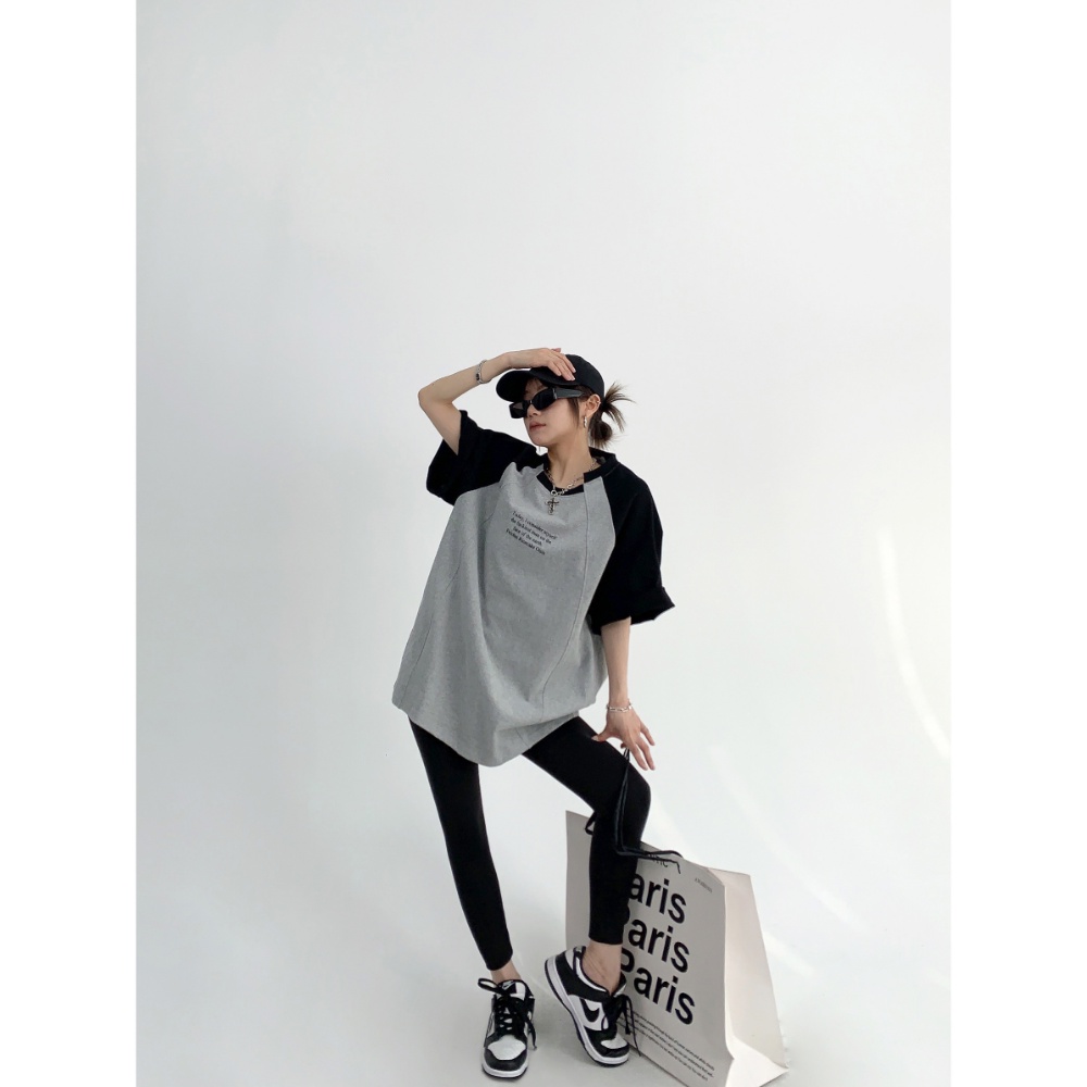 Áo Thun Raglan Tay Ngắn Dáng Rộng Màu Sắc Tương Phản Phong Cách Retro Dành Cho Nữ