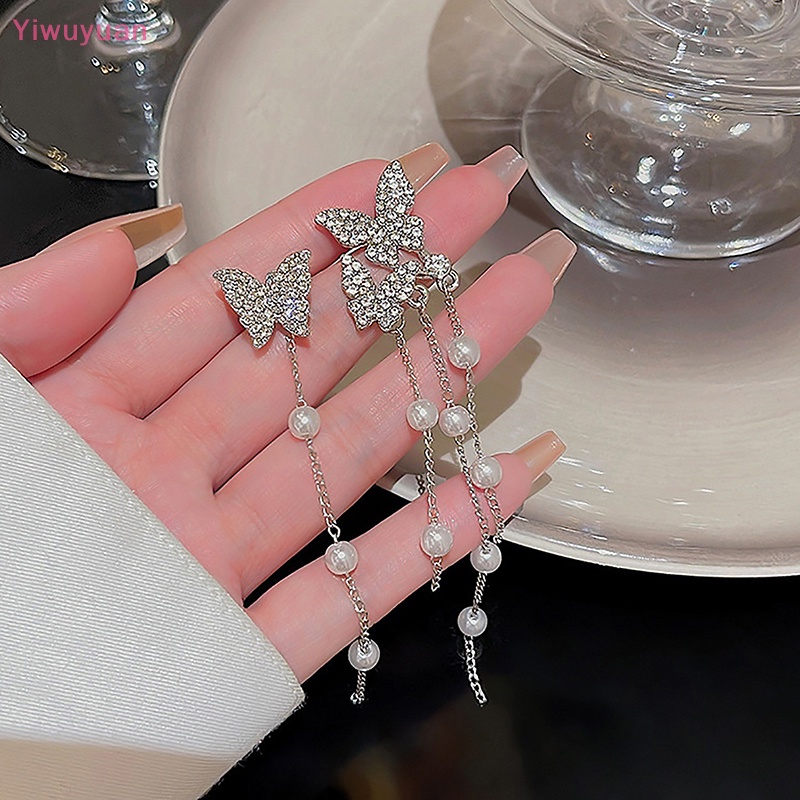 1 Đôi Bông Tai Bạc Hình Bướm Đính Ngọc Trai Giả Phong Cách Hàn Quốc Mới