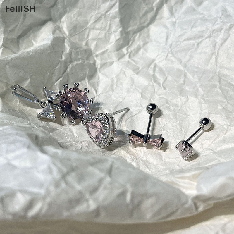 Bông Tai Hình Nơ / Trái Tim Phối Tua Rua Đính Đá Zircon Màu Hồng Ngọt Ngào Dễ Thương Thời Trang Cho Nữ 439br