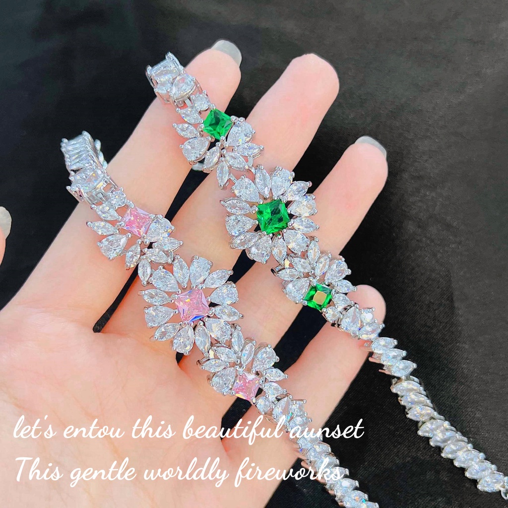 Vòng Tay Đính Đá Kim Cương Màu Hồng / Xanh Lá Phong Cách Mới Cho Nữ