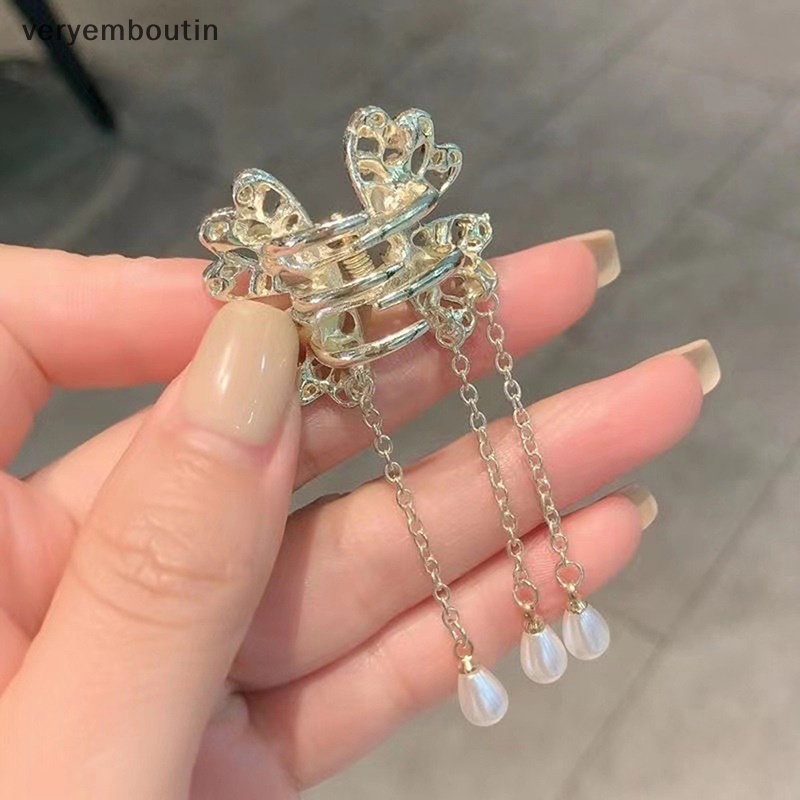 Kẹp Tóc Hình Bướm Đính Đá Ngọc Trai Phối Dây Tua Rua Thời Trang Cho Nữ