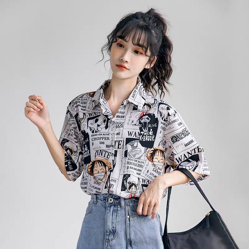 Áo Sơ Mi Mỏng Tay Ngắn Dáng Rộng In Hoạt Hình One Piece Phong Cách Nhật Bản Thời Trang Cho Nữ