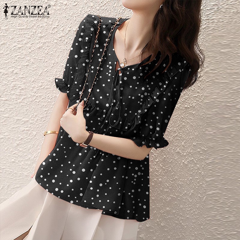 ZANZEA Áo Nữ Tay Ngắn Cổ Tròn Họa Tiết Chấm Bi Thời Trang Phong Cách Hàn Quốc