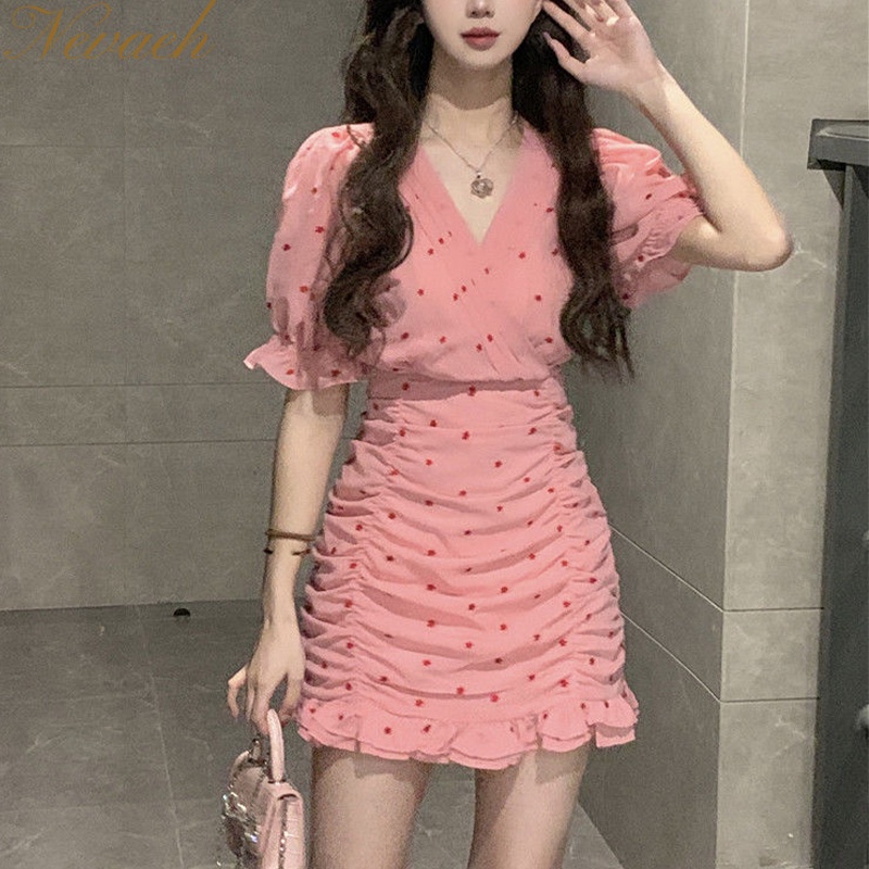 Đầm Voan Hoa Ngắn Tay Cổ Tim Xinh Xắn Theo Phong Cách Mùa Hè Pháp